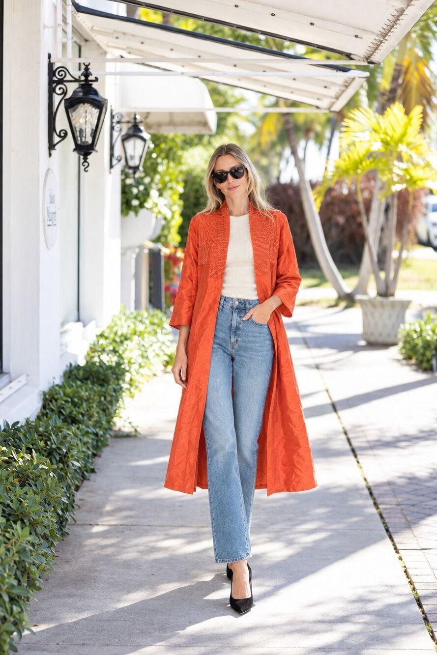 NWT Julia Amory Beaded Dupioni Silk Duster Coat Coral Orange XS, $428 F25 - Picture 2 of 11